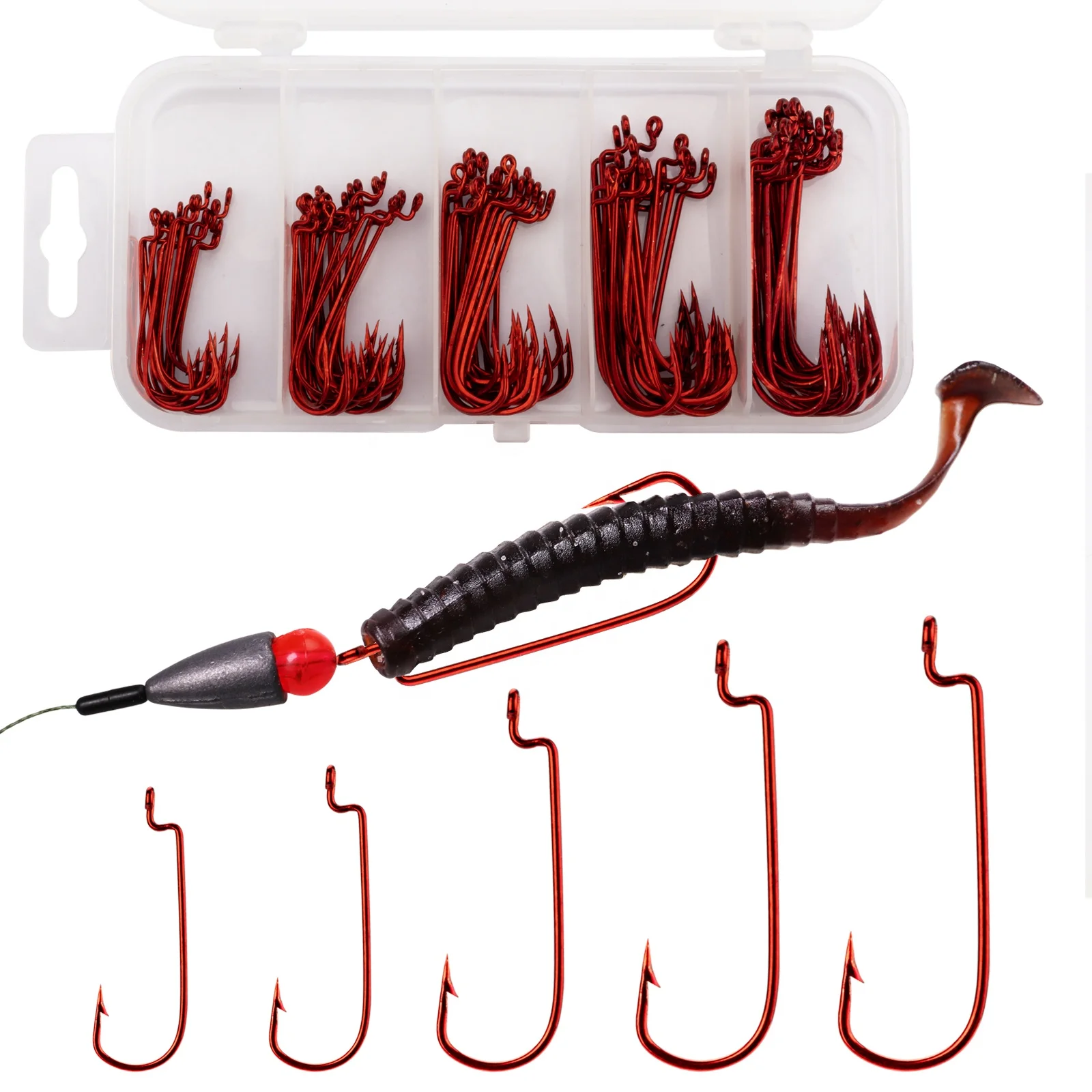 
50pcs or 100pcs boxed different sizes red colour sharp barb boxed offset fishing hooks 