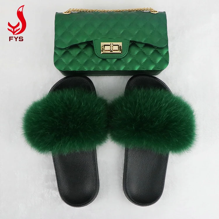 
OEM women kids children fur slippers matching handbag fur slides and purse vendor 
