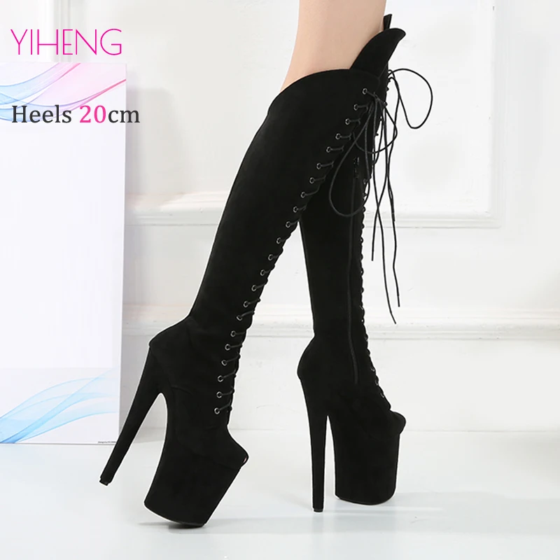 Fashion Ladies Heels Spring Autumn Suede Platform Pole Dancing Shoes 20cm Nightclub Women High Tube Knee High Boots