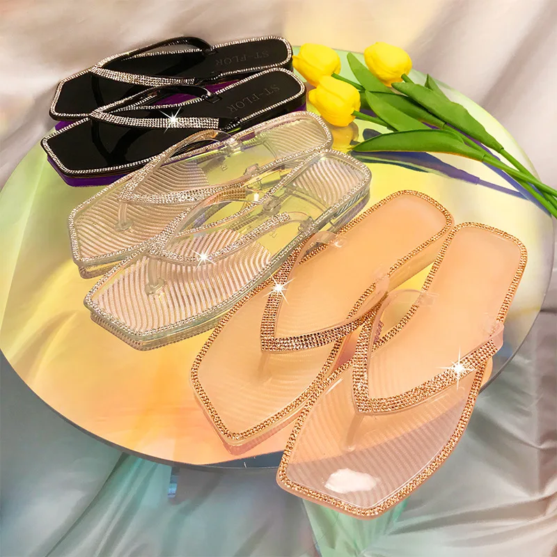 
Designer Flat Shoes Woman Famous Brands Sandals Diamond Print Square Toe Sandal Fashion Ladies Summer Sandals Slippers Wholesale 