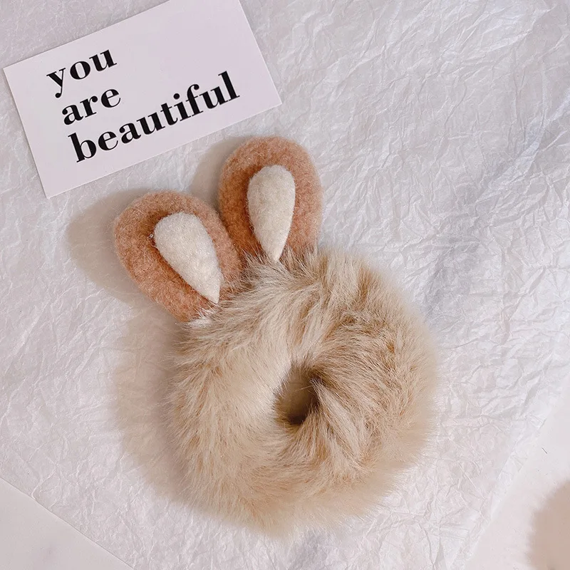 Bear Rabbit Ear Cartoon Hair Scrunchies Ponytail Ties  Plush Elastic Hair Bands for Girls