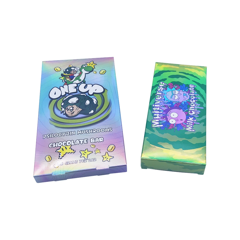 Custom design and logo holographic glossy or matte lamination THC mushroom chocolate bar packaging