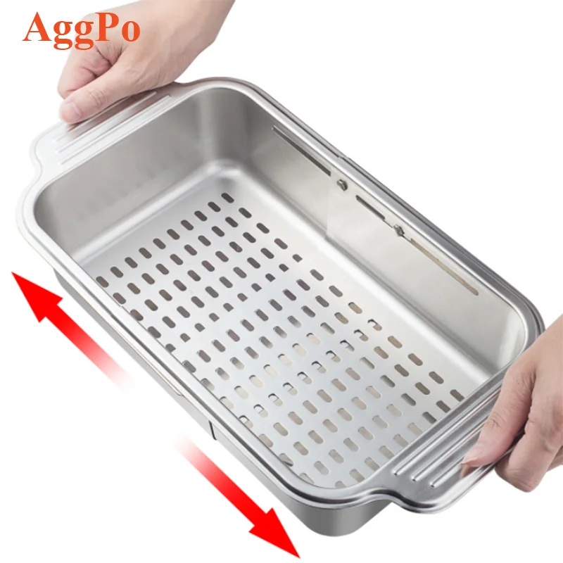 304 Stainless Steel Kitchen Sink Drain Basket Retractable Drain Rack Vegetable Washing Basin Dishes Chopsticks Plates Storage