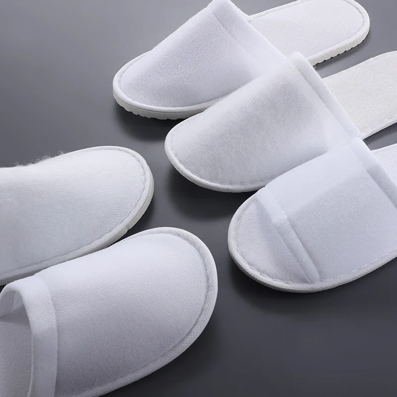 Custom Logo Wholesale High Quality Fur Fluffy White Hotel Room Spa Guest Disposable Cotton Terry Slippers Wholesale Cheap