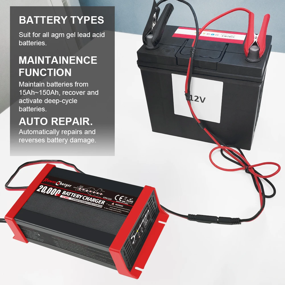 12V 20A Automatic Smart Battery Charger and Maintainer and Desulfator for standard Lead Acid Batteries