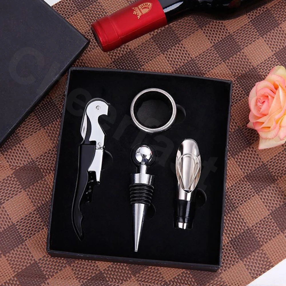 Customized logo and package wine bottle accessory gift set opener stopper corkscrew and corkscrew and wine stopper set