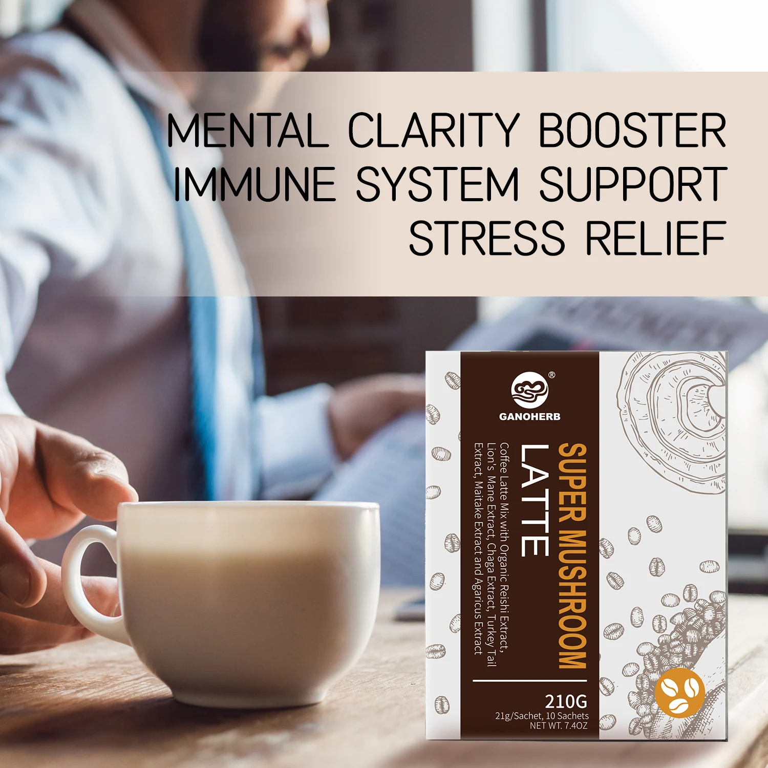 Ganoderma Coffee 100% Organic Certified Multi Mushroom Blend Instant Coffee Cafe Latte with Rich Flavor Smooth Texture Perfect