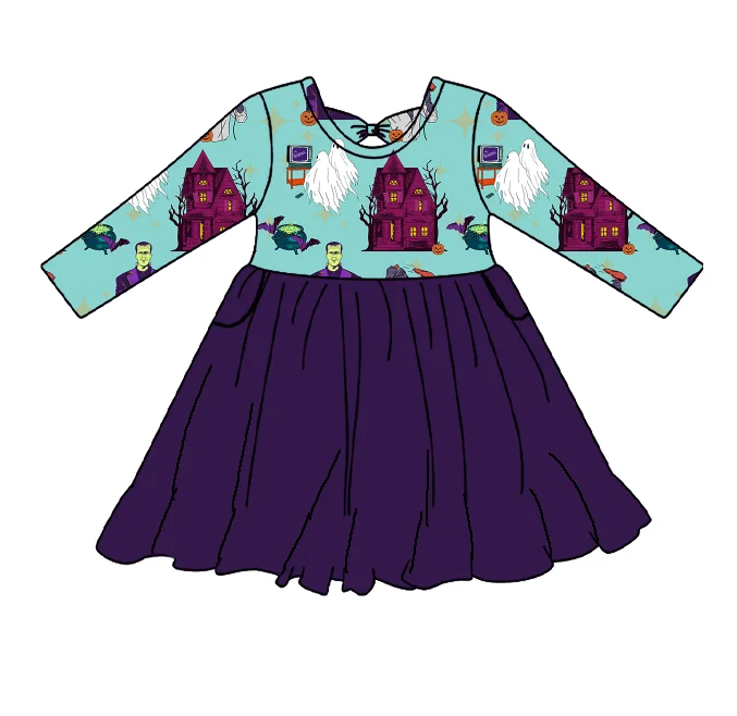 Newest Girls Clothing Custom Printed Bamboo Long Sleeve Knee Length One Piece Girls Cute Halloween Dresses