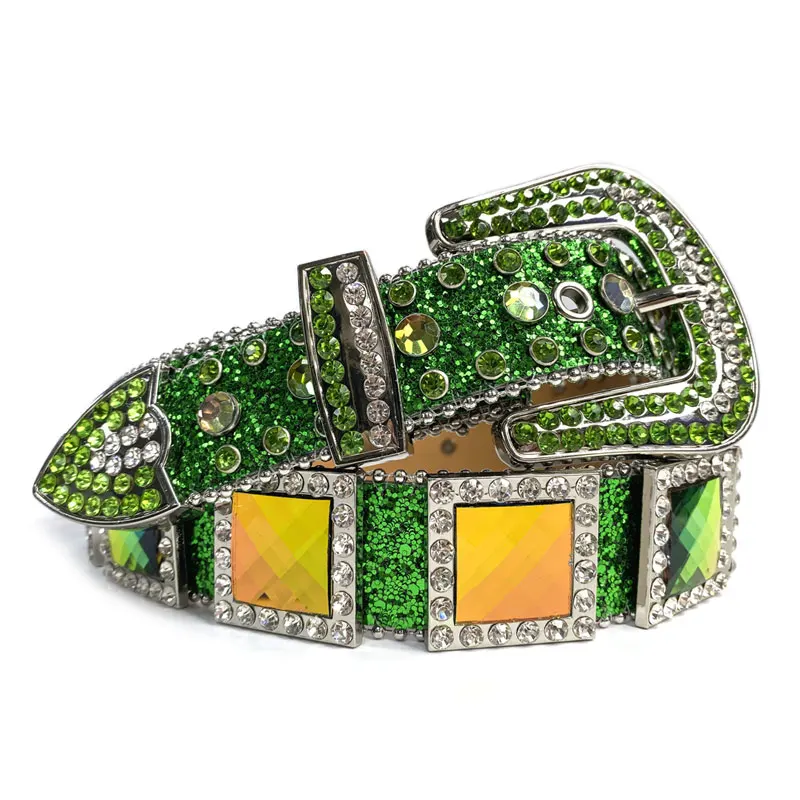 Ready to ship luxury professional fashion 2020 women pu vegan leather green jeans rhinestone cowgirl female adult belt in bulk