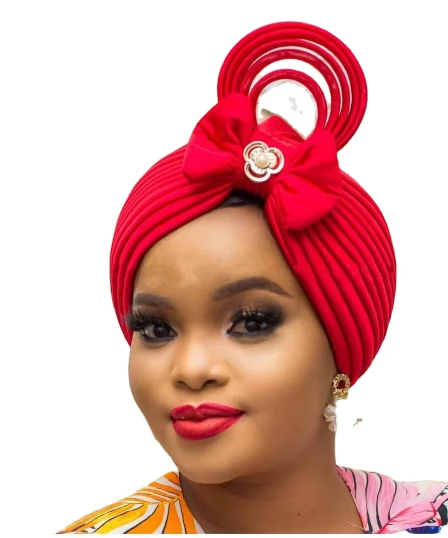 Best Selling Luxury Women African Big Bow Headwrap Latest Aso Oke Nigerian Headtie Bonnet Rhinestone Turban Cap