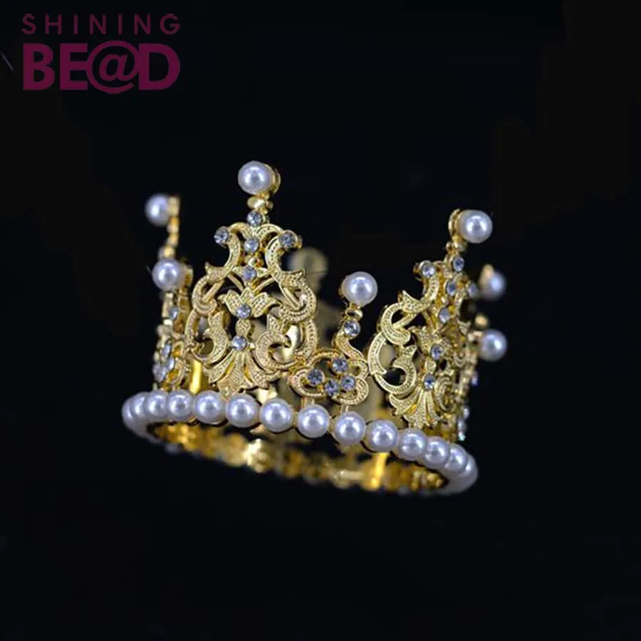 New Gold rhinestone pearl crown cake topper for wedding party cake decoration bouquet accessories