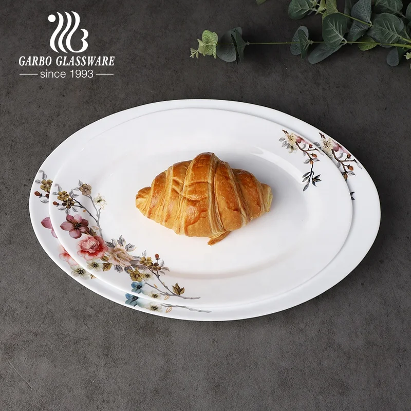 Opal glass 12inch 14inch oval shape glass plate oven microwave safe flower decal opal glassware fish plate for home restaurant