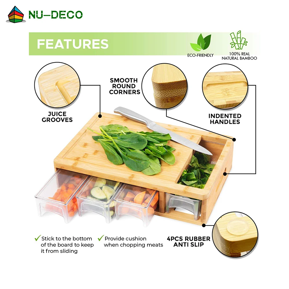 Wholesale large vegetable meat organic custom kitchen wood bamboo cutting board with tray drawer container