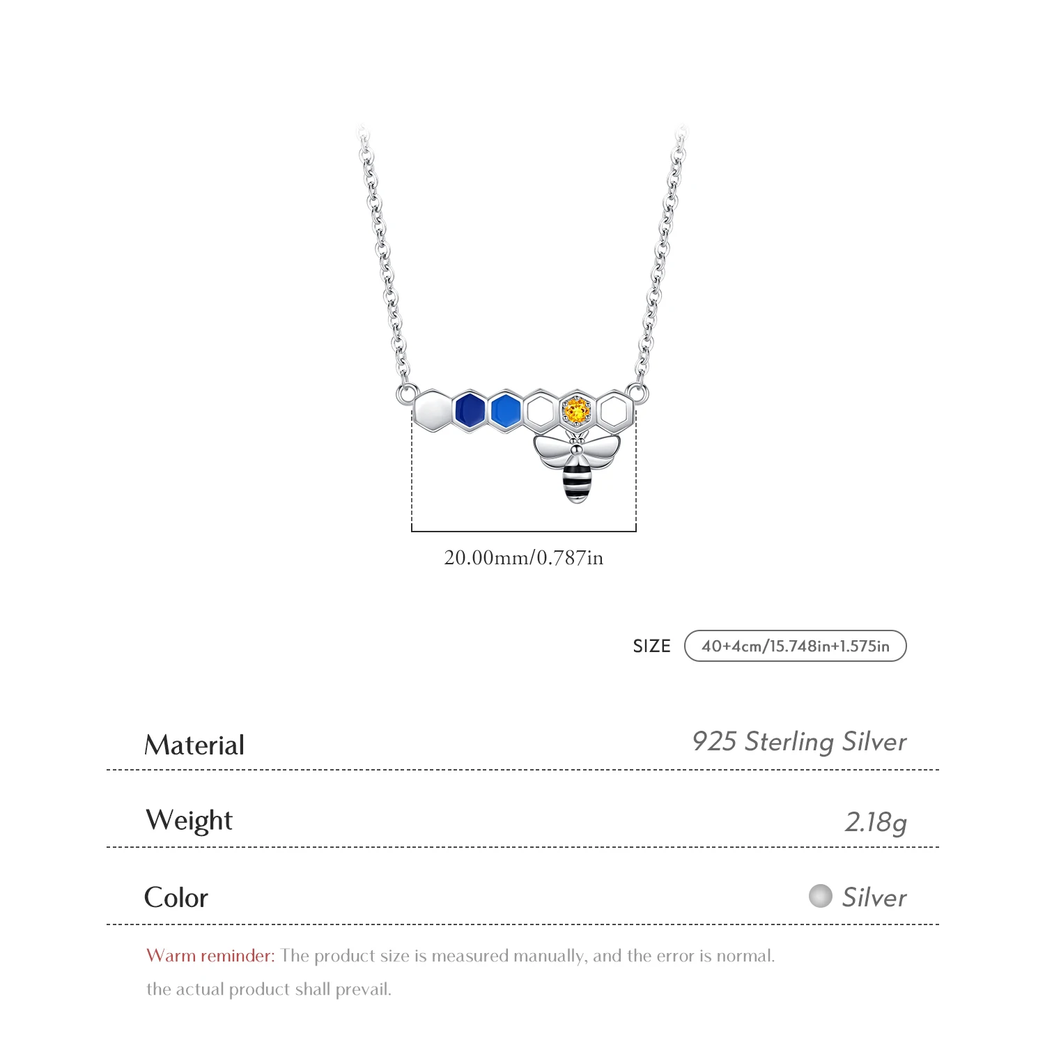 925 Sterling Silver Original Cute Rainbow Color Honeycomb Bee Link Chain CZ Pendant Necklace For Women Fine Jewelry