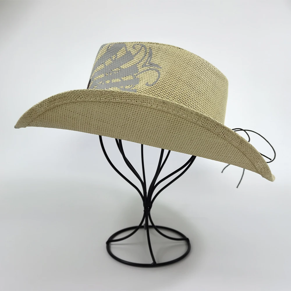 High Quality Women Paper Straw Cowgirl Straw Hat Shapable Brim Sombreros Fashion Straw Men Cowboy Hat Hand Drawn Guitar