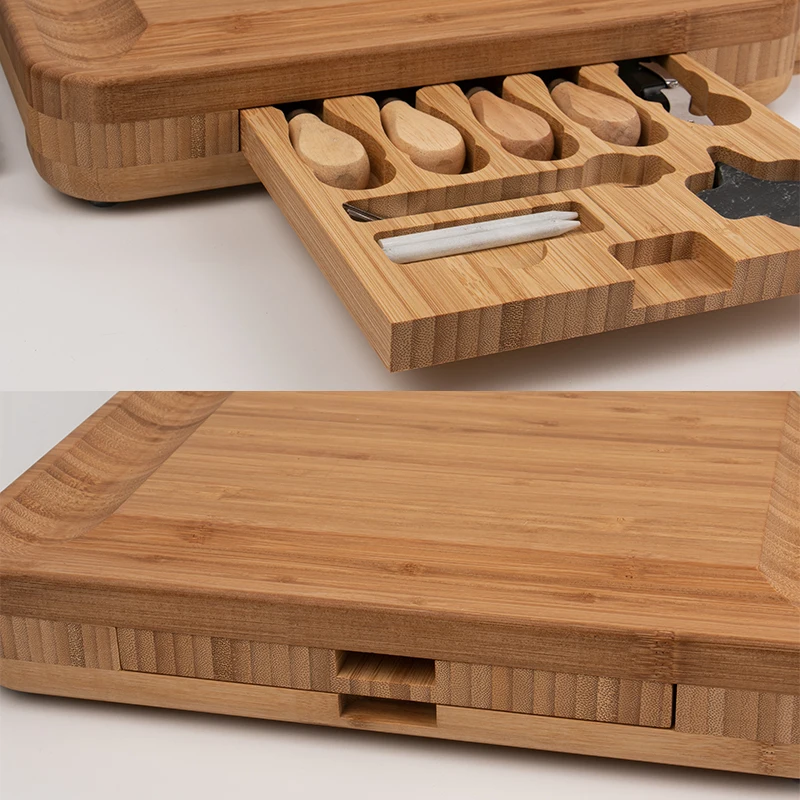 Wholesale OEM Multi-function Bamboo Cheese Cutting Board with Knife Set Tableware Box Ceramic Bow 3 Drawers