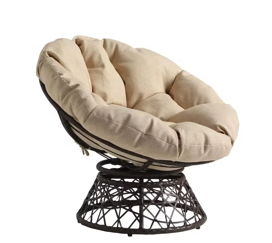 Rattan Chair with Cream Round Pillow Cushion and Brown Wicker Weave