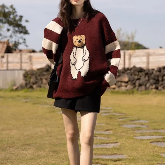 2024 Spring and autumn new arrival high quality Fashion lady crew neck loose fit cartoon bear print women sweater