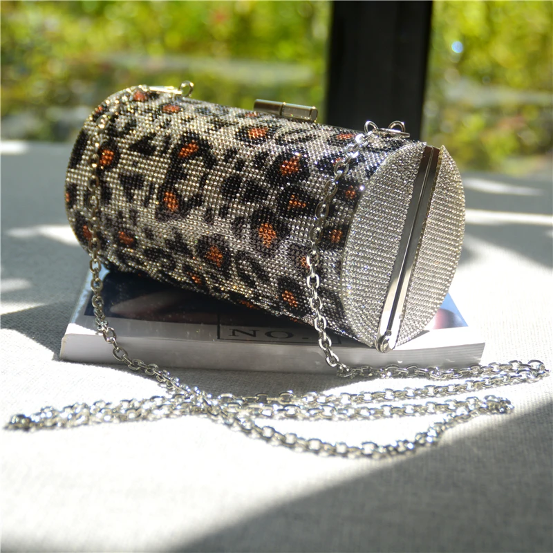  Ladies Rhinestones Evening Purse New Trendy Design Bling Crystal Round Leopard Print Clutch Women