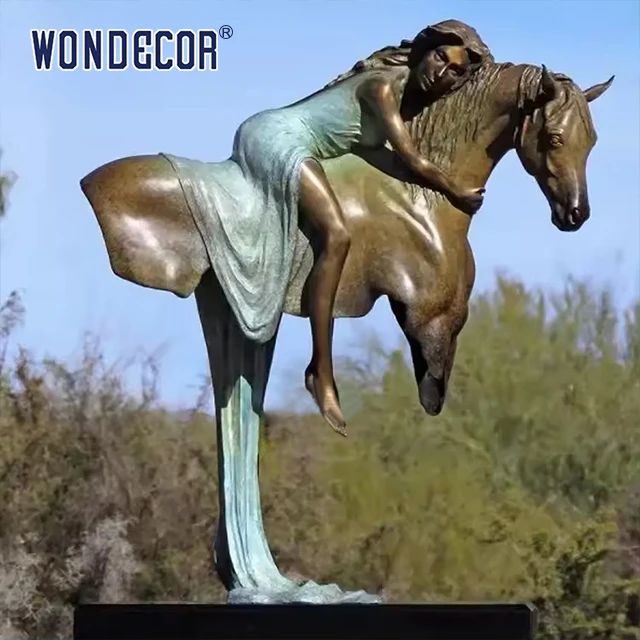 A copper sculpture of a young girl on a large metal art horse back outdoors