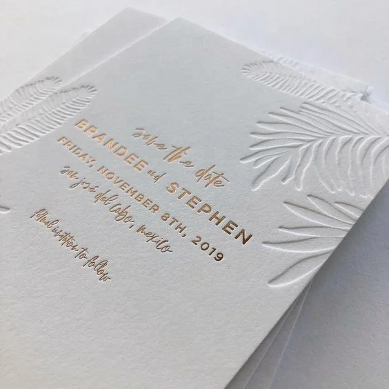Custom Minimalist Premium Cotton Paper Card Gold Foil Letterpress Beautiful Floral Cotton Paper Wedding Handmade Invitations
