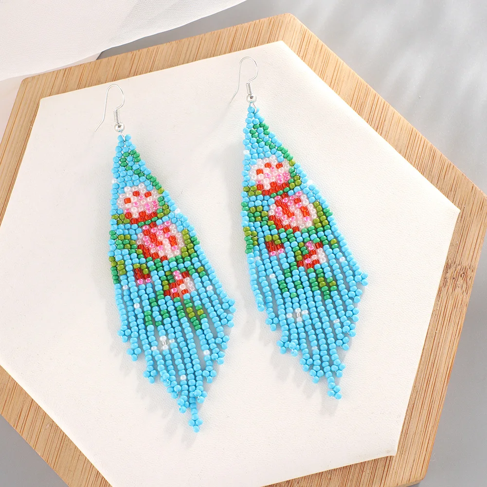 Black Blue Red Beaded Fringe Earrings Beadwork Long Rose Earring Dangle Boho Jewelry