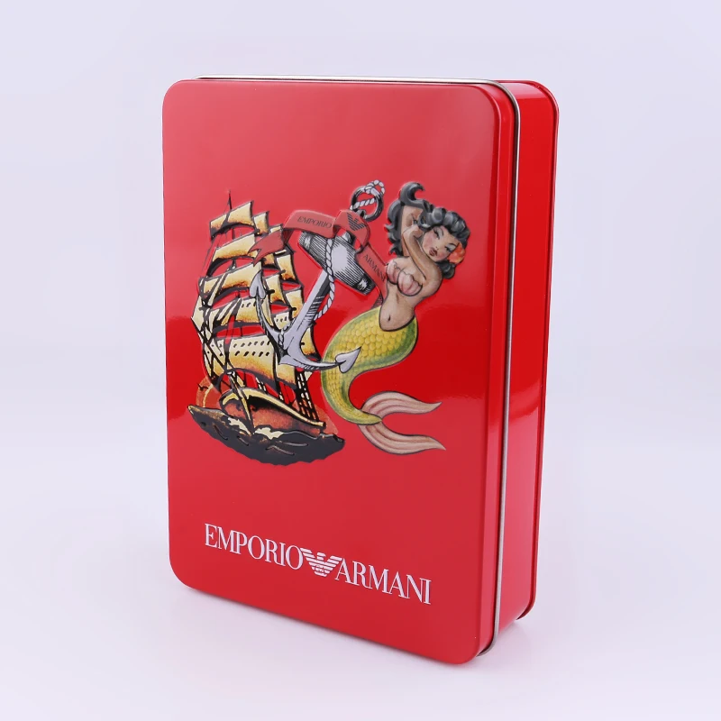 Red rectangle metal tin boxes gift boxes with hinge lid, welcome custom printing