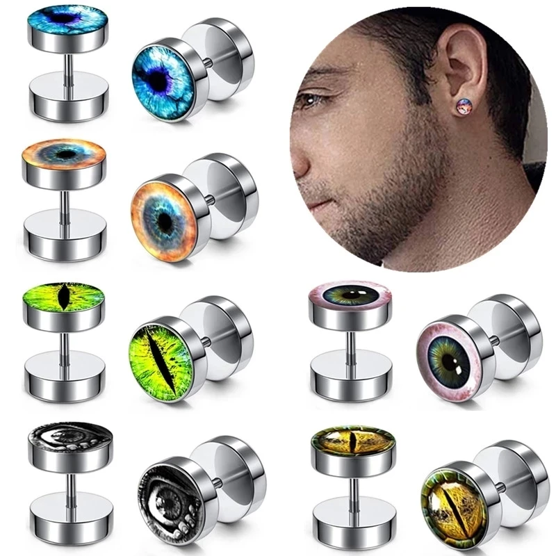 Fashion 10mm Stud Earrings for Men Women Black Skull Ear Stud Barbell Piercing Fake Ear Plugs Punk Earring