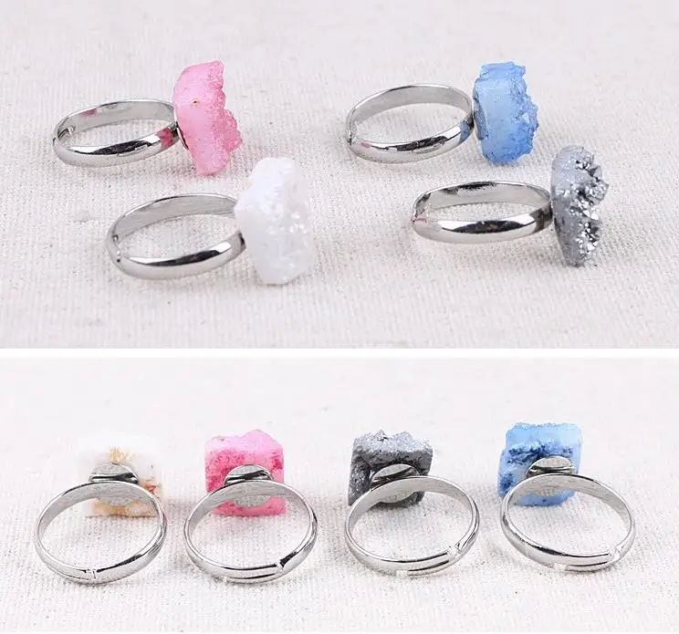 Fashion Accessories Jewelry Open square Crystal Natural Stone Druzy Ring Adjustable Gemstone Rings