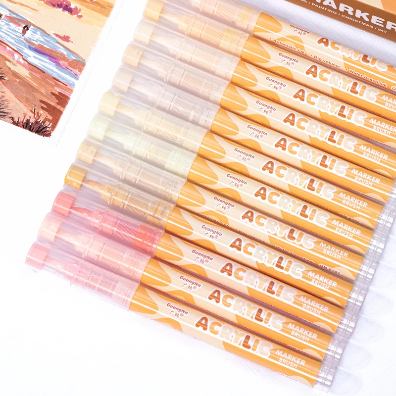 Guangna Brand Skin Tone Acrylic Paint Marker Water Based Ink 24 Colors Acrylic Brush Marker Pens