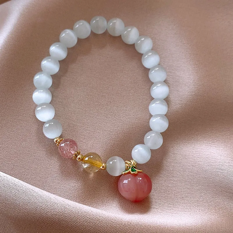 2022 New Elegant Opal Clang Pink Peach Bracelet with Round Beads Sweet Hand Accessories for Women
