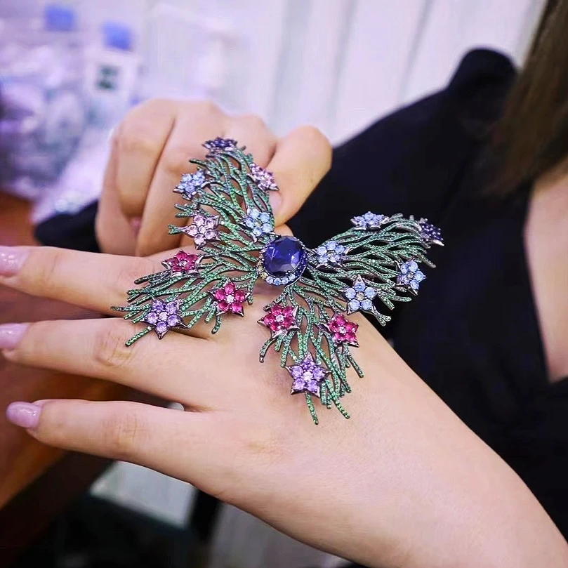 Beautiful 925 Sterling Silver Zircon Jewelry Rings Black Gold Plated Flower Butterfly Open Ring Brooch