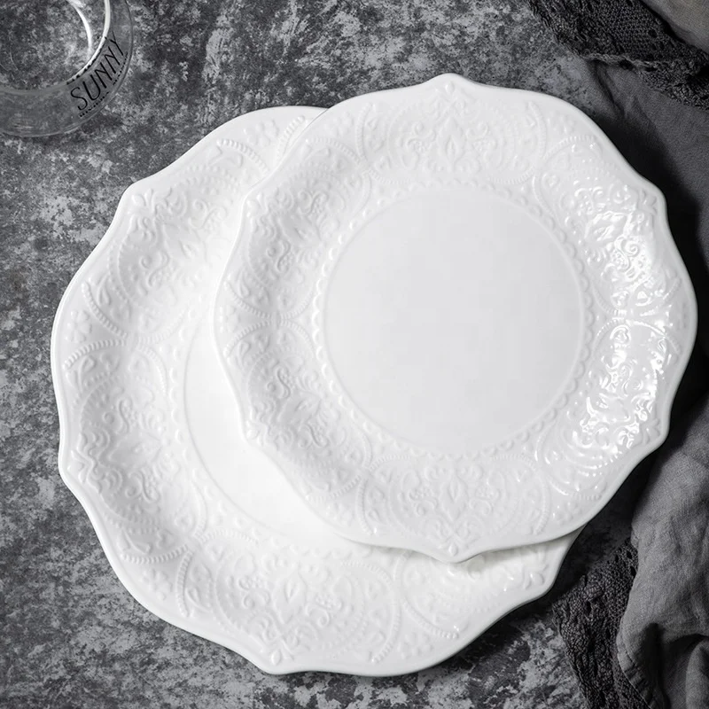 Embossed Design Floral Shape Ceramic Dinner Plates