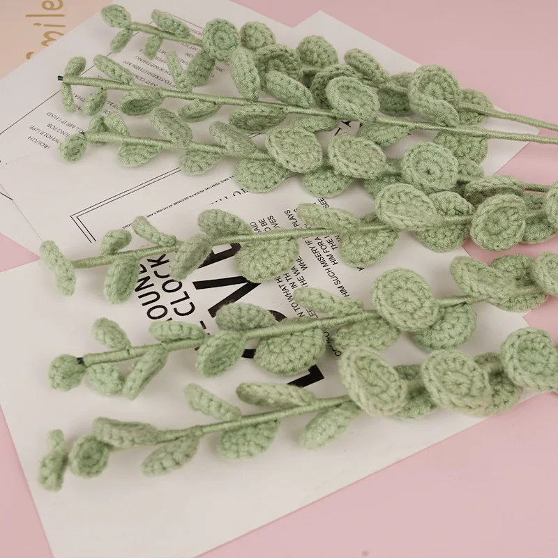 Floral Arrangement Handmade Knitted Greenery Plant Artificial Crochet Green Eucalyptus Leaves For Home Decoration
