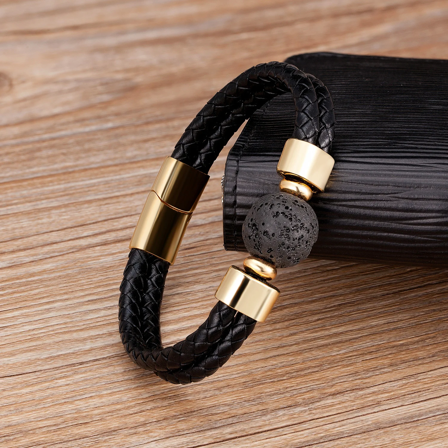 New Vintage Stainless Steel Leather Cord Braided Bracelet Trendy Metal Leather Cord Classic Stone Bracelet