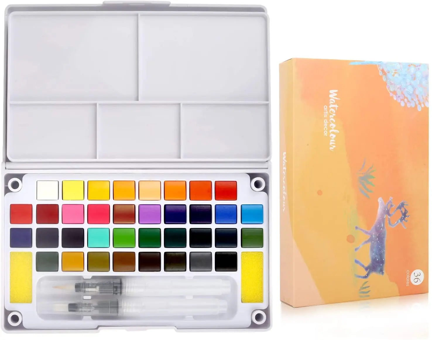 
36 Solid Colors Travel Pocket Set 2 Watercolor Brush Pens inside Watercolor Paint Set 