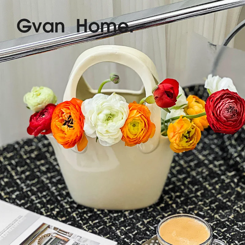 Custom Cheap Wholesale Home Decoration Black White Unique Table Handbag Purse Ceramic Flower Vase
