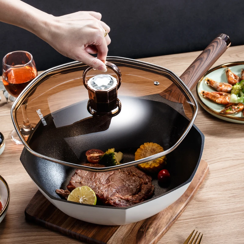 Легкая очистка индукционный вок для приготовления пищи 32 см литой под давлением алюминий восьмиугольный вок антипригарный сковорода для жарки Frypan