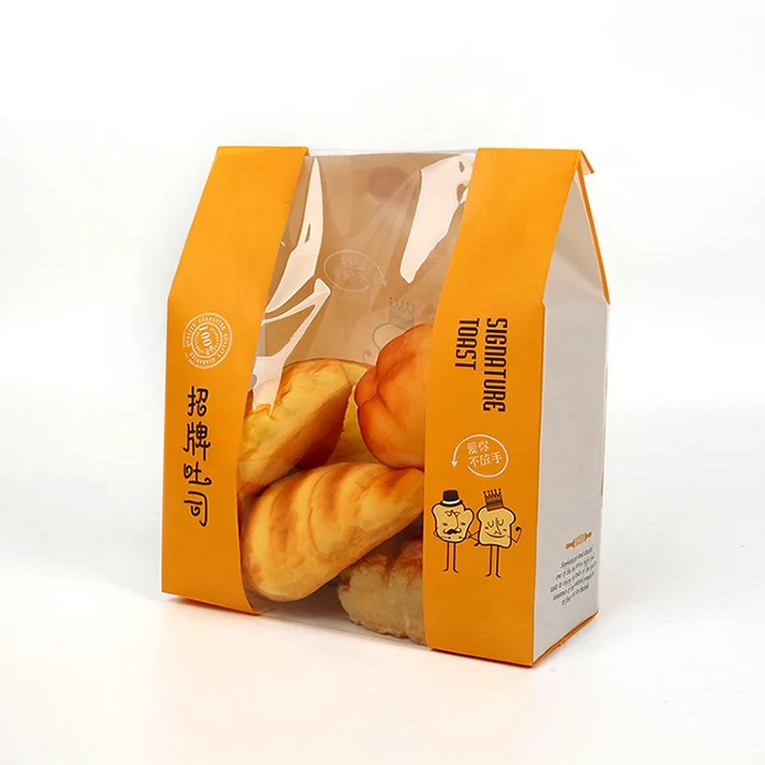 Wholesale Oil-proof Toast Bread Bag Custom Packaging Pattern Takeaway Bread Slice Kraft Paper Bag With Transparent Window