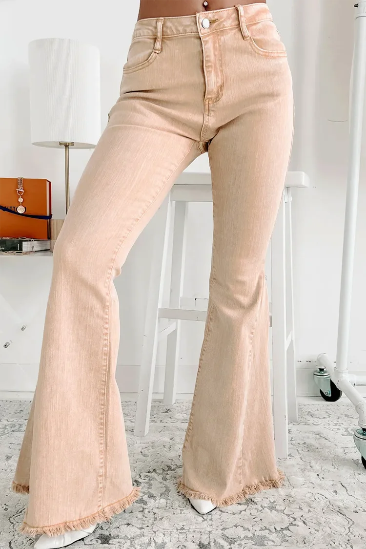 High Quality Womens Plus Size Khaki Raw Edge Mid Waist Flared Jeans