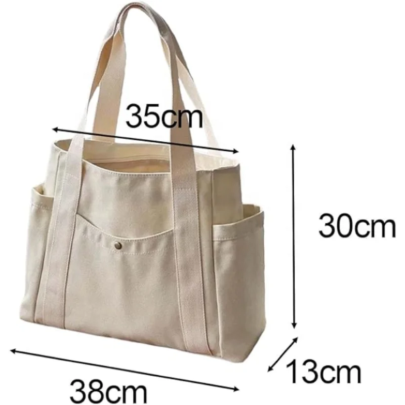 Custom Logo Size Printed Eco Friendly Canvas Shopping Bag with Multiple Pocket Cotton Plain Tote Bags for Women Shoulder Grocery