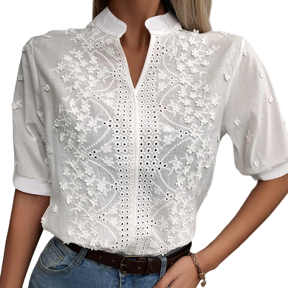 White Short Sleeve Applique Embroidery Lace Shirt for Women Blouses Ladies