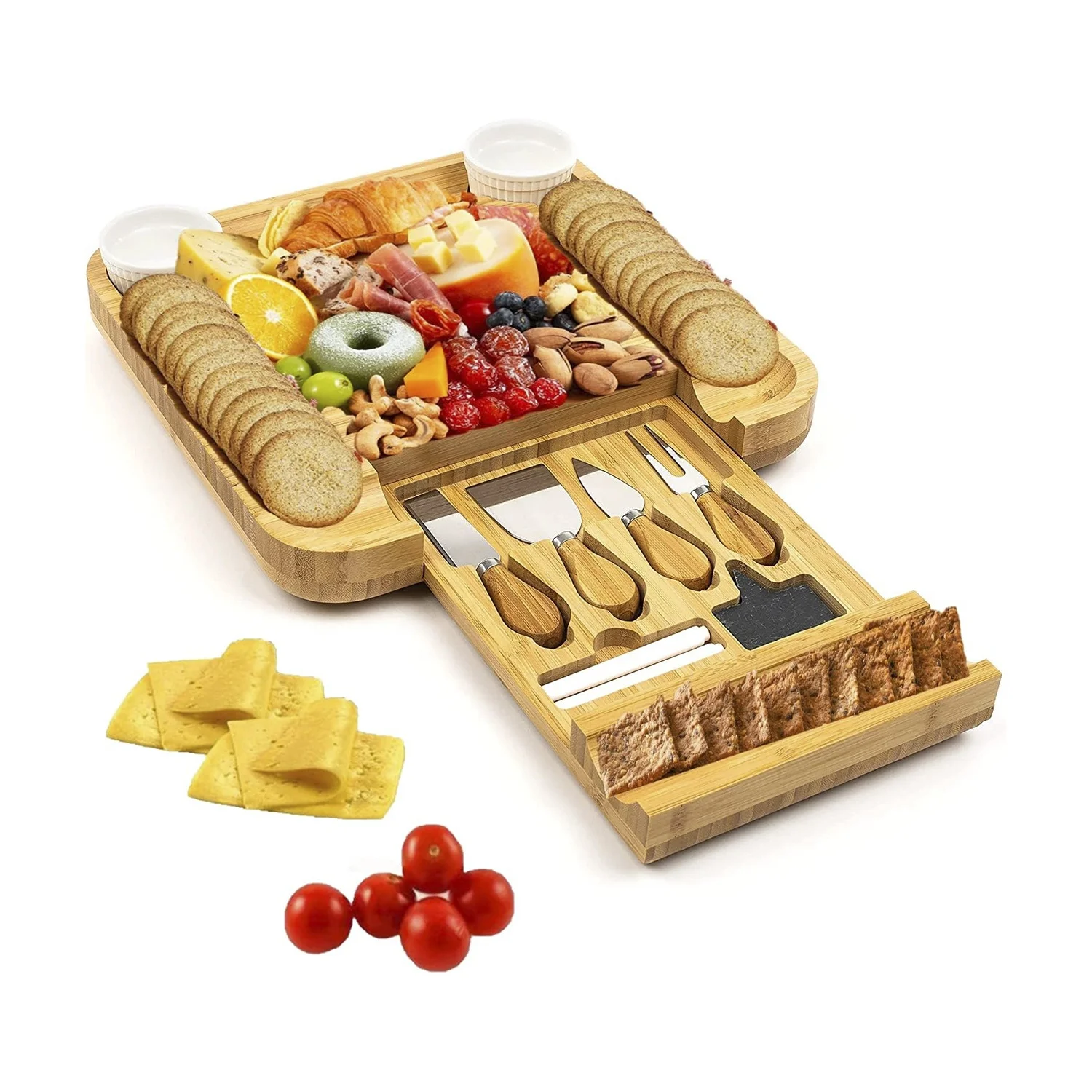 Многофункциональная бамбуковая доска для сыра и набор ножей большой поднос тарелок с керамическими чашами согревающие подарки
