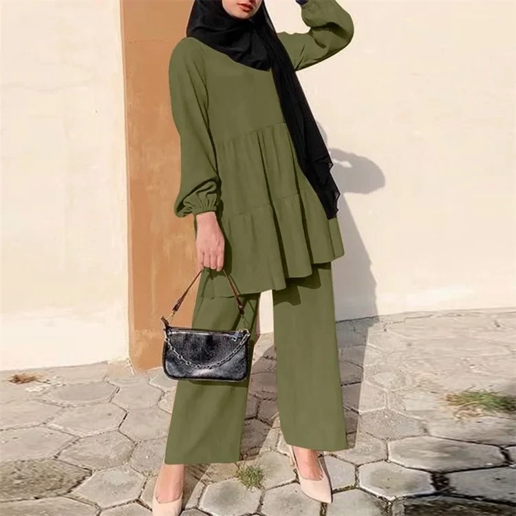 Custom islamic clothing muslim blouse pant 2 piece set women muslim loose solid color  shirt pants suit