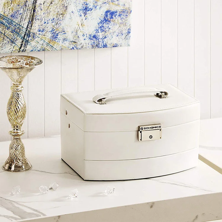 Luxury leather white three drawers jewelry box with mirror hinge and lock desktop velvet travel jewelry packaging box
