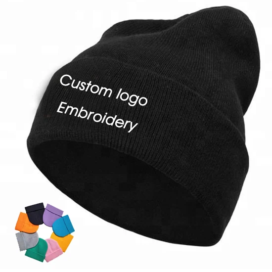 Fashionable Custom Embroidery Logo Solid Color Warm Winter Beanie Knit Hat