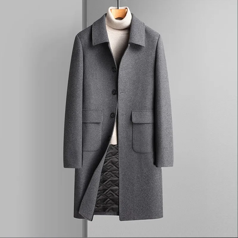 2684 Fashion Korean Design 2025 Men Middle Length Woolen Jackets Thick Winter Wool Coat With Pockets