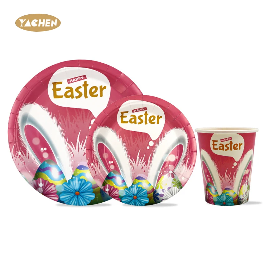 YACHEN 2024 Happy Easter Party Decoration Kids Disposable Tableware 7 9 inch Easter Paper Plates And Cups Set