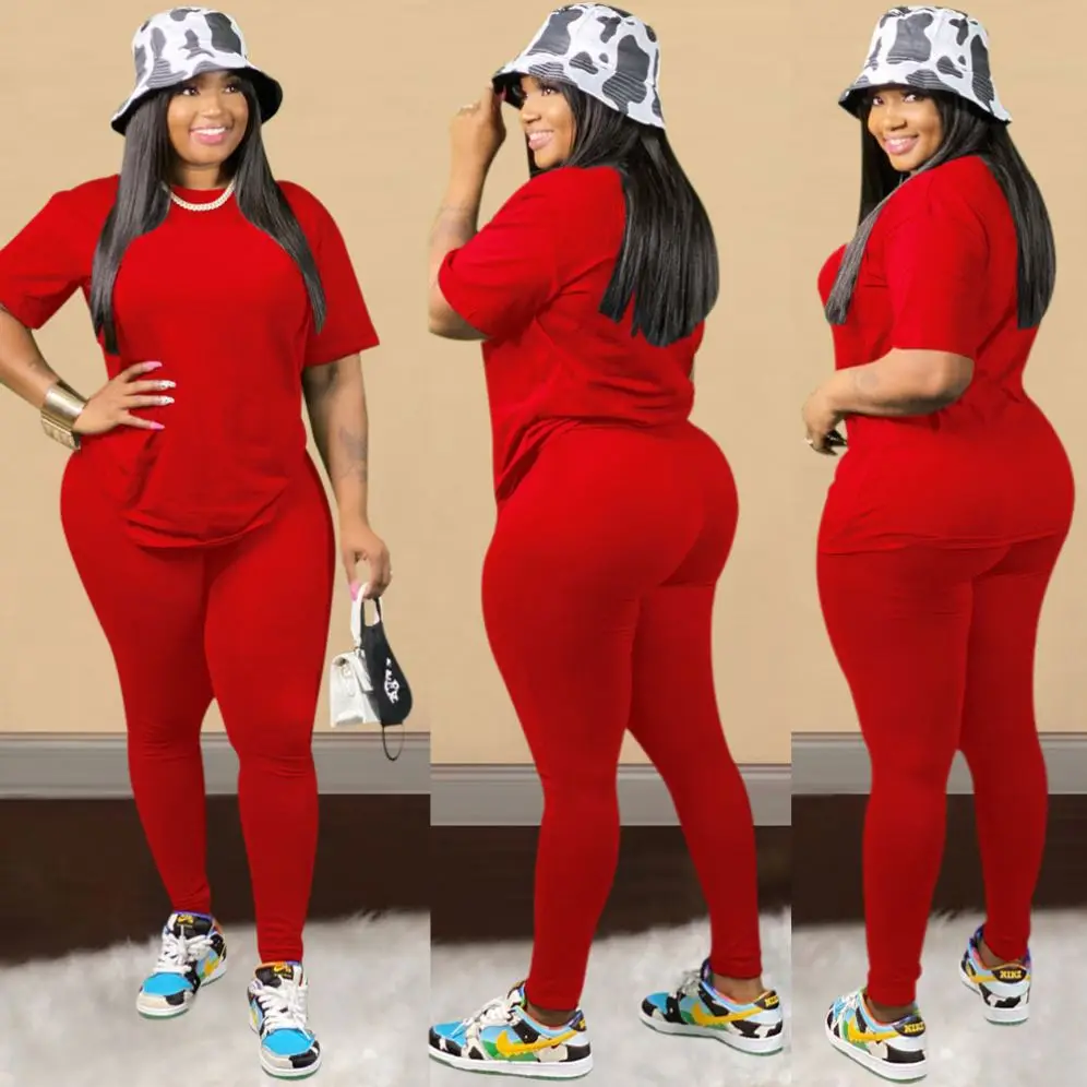 
Hot Selling Solid Color Cotton Two Piece Sets For Mature Female Lounge Wear Sets Round Neck Short Sleeve Women Sets 2020 