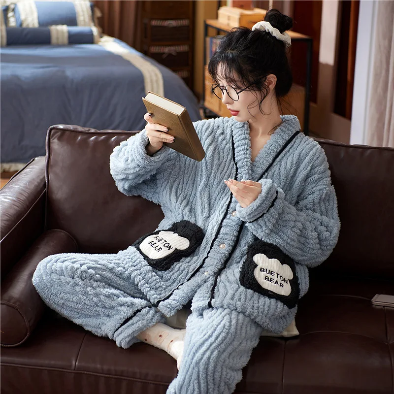 winter warm pajama 2 pieces set clipping and carving fleece sleep wear Women v neck fleece fuzzy pijamas